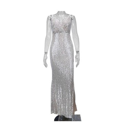 Lang paillet aftenkjole til damer, ærmeløs kjole, maxikjole, V-hals festkjole, kjole med åben ryg, sexede stramme kjoler