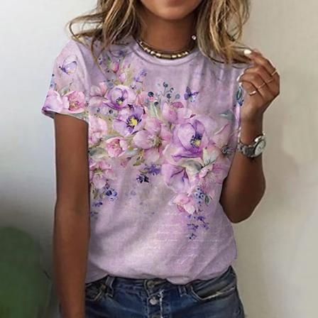 Print T-shirt För Kvinnor Med Blommönster