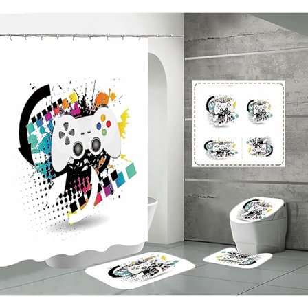 4-delad duschdraperiset med speltema för pojkar, hippie svart videospel duschdraperi, badrumsmatta med halkfri yta, toalettlock och matta (