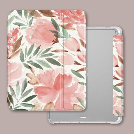 Etui for iPad Pro 2024-12.9" Rosa Stor Blomst---Airbag Tri-fold Pennspor " Malt Oljemaleri