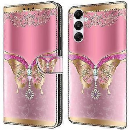 Magnetisk etui til Samsung Galaxy A35 5G med 3D-mønstertrykk i lær (Rosa gull sommerfugl)