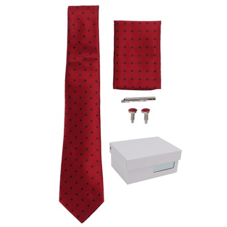 Slips til mænd - Klassisk slips med prikmønster, lommetørklæde, slipsenål, manchetknapper - Sæt til bryllup, fester og forretning