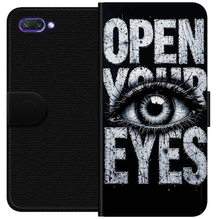 Kompatibelt Plånboksfodral till Honor Honor 10 Mörk typografisk illustration med öga och texten Open Your Eyes, stark kontrast och rå konstnärlig