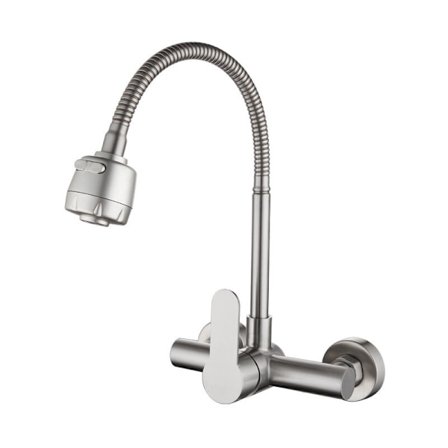 Kökskran Väggmonterad Blandare 304 Rostfritt Stål 360° Rotationsbar Bänkskiva Kran Två Vattenutloppssätt med Flexibel Slang