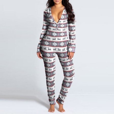 Dame Pyjamas Jumpsuit Heldragt Print Julepyjamas Langærmet Natbeklædning Grå{REN}