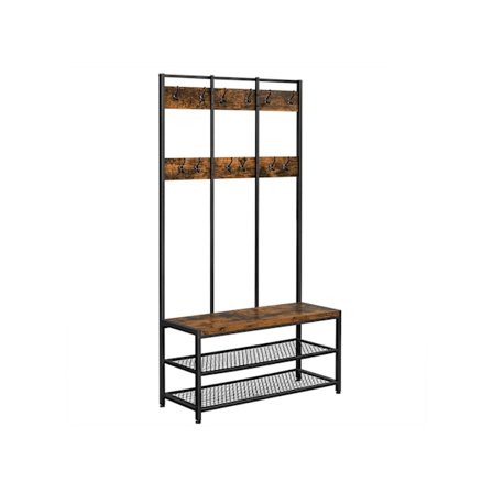 Rootz Industrial Design -naulakko ja penkki - Maalaismainen vaateteline - Vintage-puiset elementit - 2 lankahyllyä - 12 koukkua - Trendikäs teollinen