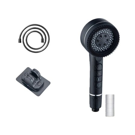 5-mode håndholdt brusehoved med trykforstærkning, filtrering, 1,5m PVC-slange og uden-bore klips Black