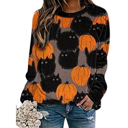 Halloween Kvinnor Pumpa Print Rund Hals Långärmad Pullover