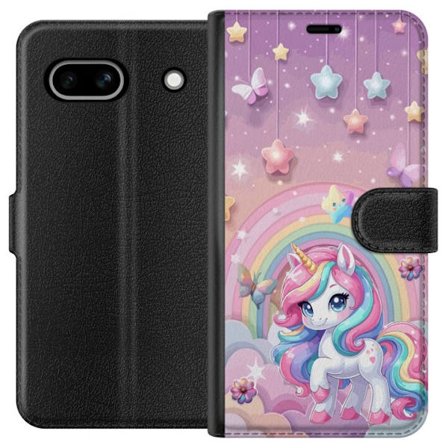 Kompatibel Tegnebogsetui til Google Pixel 7a Magisk enhjørning med regnbue manke, stjerner og sommerfugle mod en pastelfarvet himmel med skyer