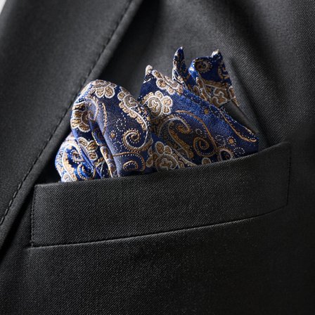 Pañuelo de bolsillo de seda con estampado de cachemira azul y dorado para hombres - Pañuelos de bolsillo estampados