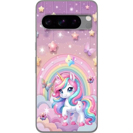 Kompatibel Mobilcover til Google Pixel 8 Pro Magisk enhjørning med regnbue manke, stjerner og sommerfugle mod en pastelfarvet himmel med skyer