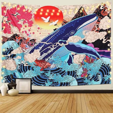Ukiyoe Gobelin Bølge Hav Koi Veggteppe Stor Hval Dyr Solnedgang Landskap Gobelin Soverom Stue Bølge Gobelin, L/148cm x 200cm