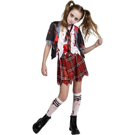 Zombie skolepige kostume, blodig zombie kostume til piger, halloween, skole, event festkjole röd Medium (8-10 yrs)