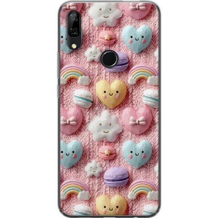 Yhteensopiva Puhelinkuori Huawei P Smart Z Pastellimotiiivi sydämillä, pilvillä, sateenkaarilla ja makaronseilla vaaleanpunaisella taustalla suloisess