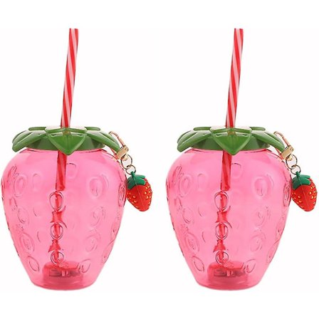 Jelly 2-pack dricksglas med lock och sugrör, söt jordgubbsmugg, plastflaska för kallt vatten, återanvändbar mugg för kalla drycker