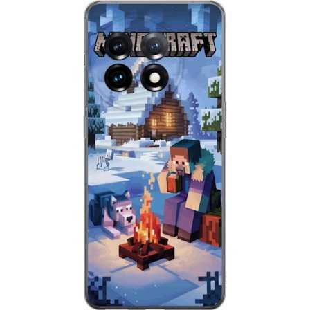 Kompatibelt Mobilskal till OnePlus OnePlus 11R Minecraft vintermotiv med Steve, varg, lägereld och snöig stuga spelinspirerad illustration perfekt f