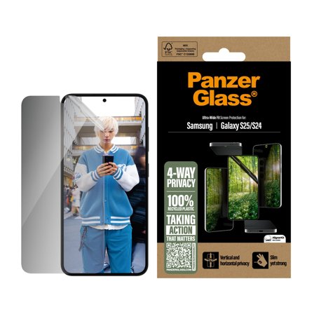 PanzerGlass Galaxy S25 ECO MATRIX 4-way Privacy Skjermbeskytter Ultra-Wide Fit, 4-veis privatliv, 100 % resirkulert plast