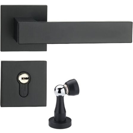 Svart plan dörrhandtag, modernt fyrkantigt låshandtag, ytterdörrhandtag och dödbultset (B)
