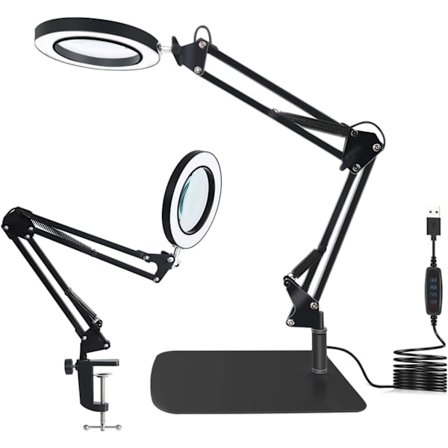 10x Förstoringsglas med Ljus och Stativ, 2 i 1 Klämma Flex Förstoringslampa, 3 Färglägen LED Förstoringsglas
