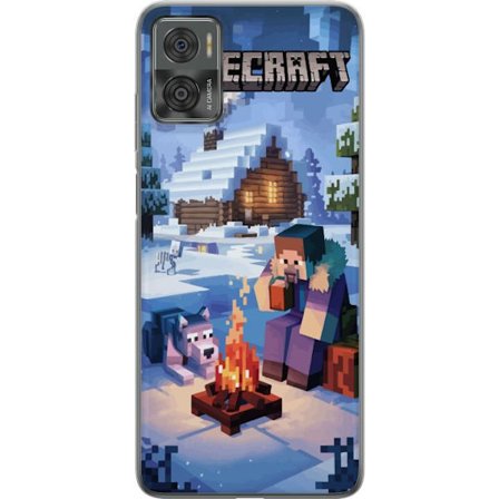 Kompatibelt Mobildeksel til Motorola Moto E22i Minecraft vintermotiv med Steve, ulv, leirbål og snødekket hytte spill-inspirert illustrasjon perfekt f