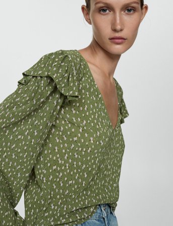 Mango Ruffles Printed Blouse - Green - S