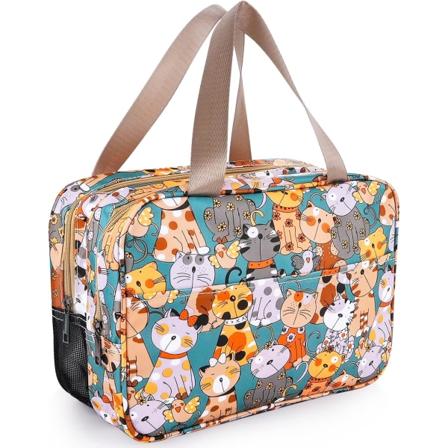 Stor sminkepung 2 glidelås-seksjoner fortykket vanntett og drenerende sminke kosmetiske vesker for kvinner som reiser bærbar holdbar (kattetrykk)