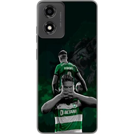 Yhteensopiva Puhelinkuori Motorola Moto E14 Neonmotiivi, jossa teksti "Gaming is in my DNA" sinisenä ja punaisena tiiliseinällä, jossa loistava DNA-sp