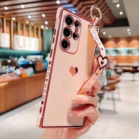 Plating Love Heart-deksel Kompatibelt med Samsung Galaxy S23 Ultra, Mykt TPU-beskyttelsesdeksel med håndleddsstropp