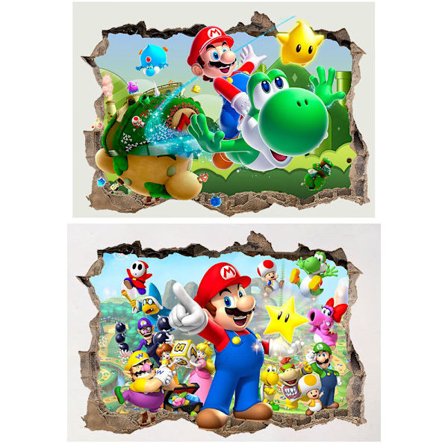 Todelt sett 70×50cm Veggklistremerke Mary Rider Dinosaur + Veggklistremerke Mary Samler Alt, Super Mario Vegg D