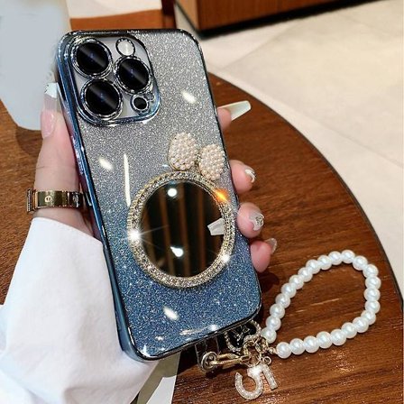 Bling Glitter Case Kompatibel med Iphone 15 Pro Max, Mjuk TPU Stötsäker cover med sminkspegel & armband för kvinnor