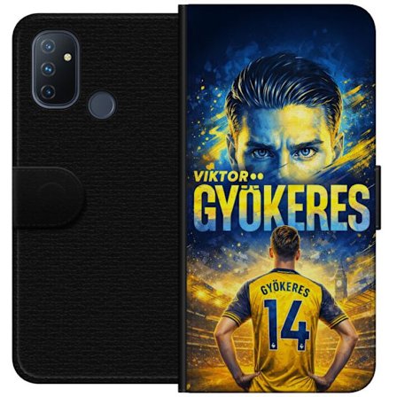 Kompatibelt Lommeboketui til OnePlus OnePlus Nord N100 Viktor Gyökeres fotballplakat i gult og blått med dramatisk stadionbakgrunn, sportillustrasjo