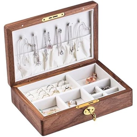 Træ Smykkeæske til Kvinder, Låsbar Medium Størrelse Naturlig Massiv Valnød Træ Piger Vintage Smykke Organizer med Stor Opbevaring, Ringrum, Bu