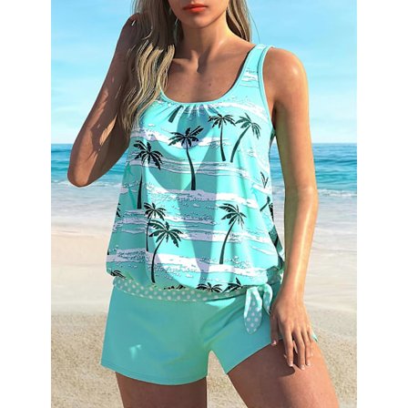 Nye modeller Dame Kokospalme Print Tankini Sæt - Solklar Strandmode med Ærmeløs Top & Matchende Shorts - Stilfuldt, Åndbart, Hurtigtørrende Stof