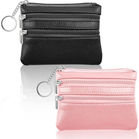 Sett med 2 små lommebøker for kvinner, Damelommebok, Kompakt skinnlommebok med glidelås hele veien rundt, med 3 rom og nøkkelholder, Svart + rosa
