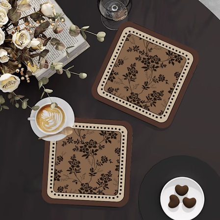 Set med 2 kaffekoppsunderlägg i fransk vintagestil, absorberande lädermaterial, 20x20cm, Typ A