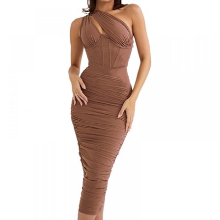 Ärmlös klänning dam sommar sexig smal smal rem enfärgad klänning sexig sned axel ihålig wrap höftklänning (brun S)