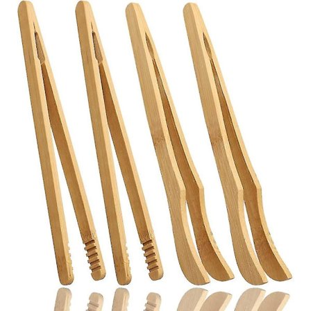 4 st bambu matpincett, 18 cm bambu pincett liten grill, kökspincer (2 raka pincetter och 2 böjda pincetter) Hy