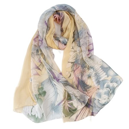 Unike florale skjerf for kvinner: Chiffon florale og fugletrykte skjerf med levende farger og delikat tekstur.
