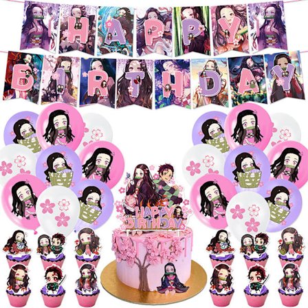 Demon Slayer Ballonger Banner Tårtdekorationer Set Barn Grattis på födelsedagen Fest Anime Dekor