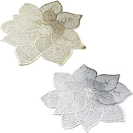 2 stk. Guld Runde Dækkeservietter til Spisebord, Metal Dækkeservietter Hul Hibiscus Blomst Dækkeservietter til Middagsbord Dekoration Ferie Bryllup 