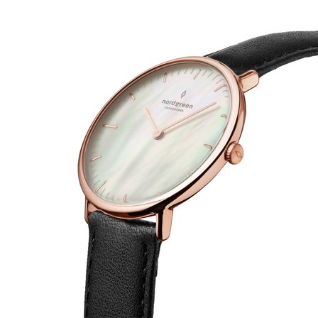 Nordgreen Scandinavian slim analog women's watch - Rose Gold Case - Black Dial - 28mm Black Vegan Leather Watch Band Native White Dial