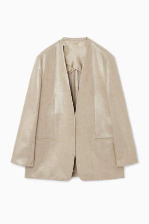 COS Women's Relaxed Collarless Metallic Hopsack Blazer in Beige