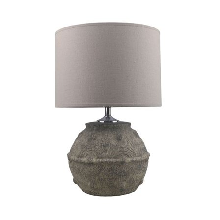 Keramisk bordlampe, grå fod, beige hørskærm