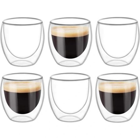 6 stk Dobbelveggede Kopper Glasskrus, Gjennomsiktige Dobbelveggede Kaffe Kanne, Dobbelveggede, Cappuccino, Latte og Isolerte (80ml)
