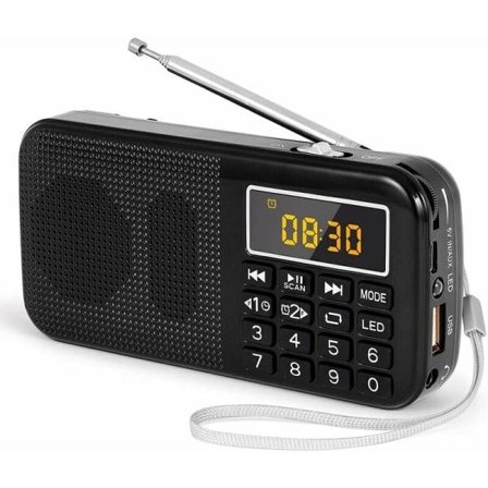 Bærbar radio, FM-radio med oppladbart batteri med stor kapasitet (3000mAh), støtte for MP3 / SD / USB / AUX, svart