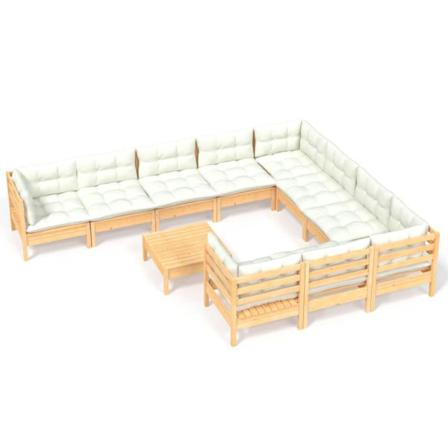 Vidaxl Loungegrupp Med Gräddvita Dynor 11 Delar Massiv Furu Creme