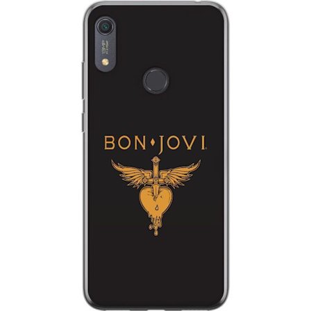 Kompatibelt Mobilskal till Huawei Huawei Y6s (2019) Ikonisk musikillustration med bevingat hjärta och dolk i guldtoner på mörk bakgrund, kraftfull