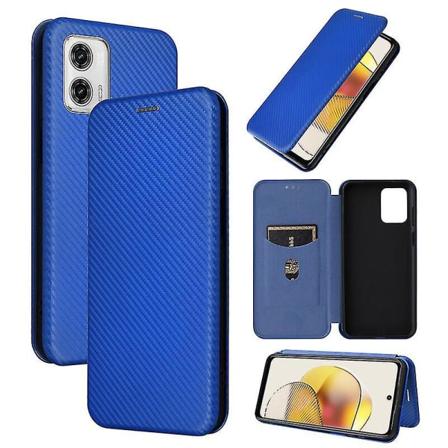Kompatibel med Motorola Moto G73 5g Carbon Fiber Læder Taske Folio Flip Beskyttende Magnetisk Cover Blue
