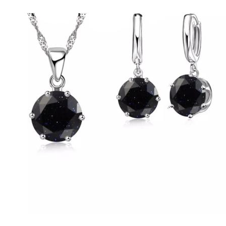 Silver Smyckesset - Halsband & Örhängen - Svart Cz Kristall Svart