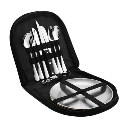 Bärbart Silverset Camping Servis Med Förvaringsväska För Utomhuspicknick qd best Svart Silver